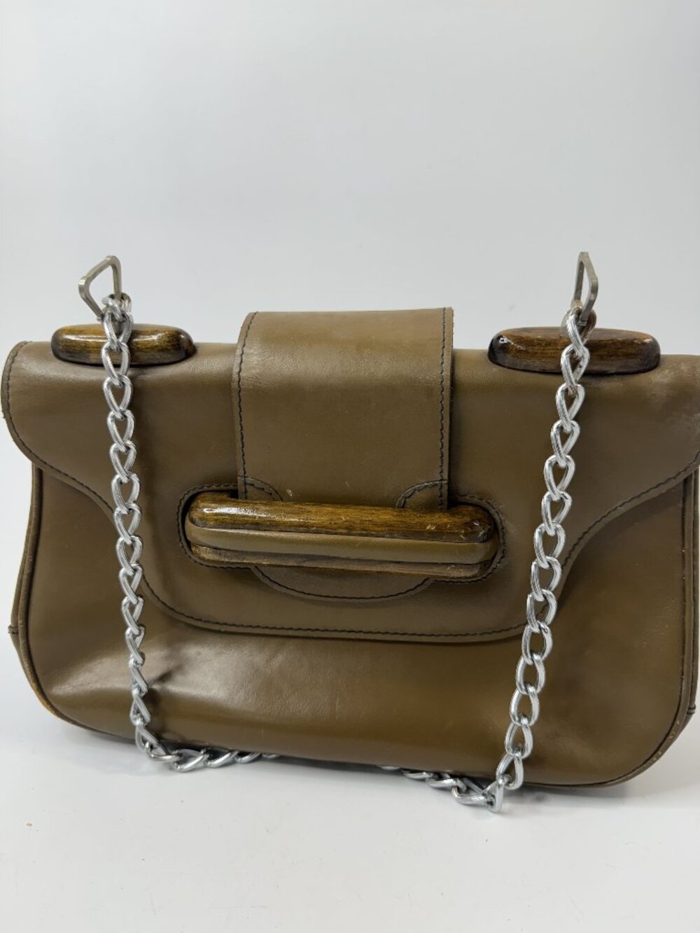 Vintage Tan Leather Purse With Chain Strap & Wooden Accents Made In Italy